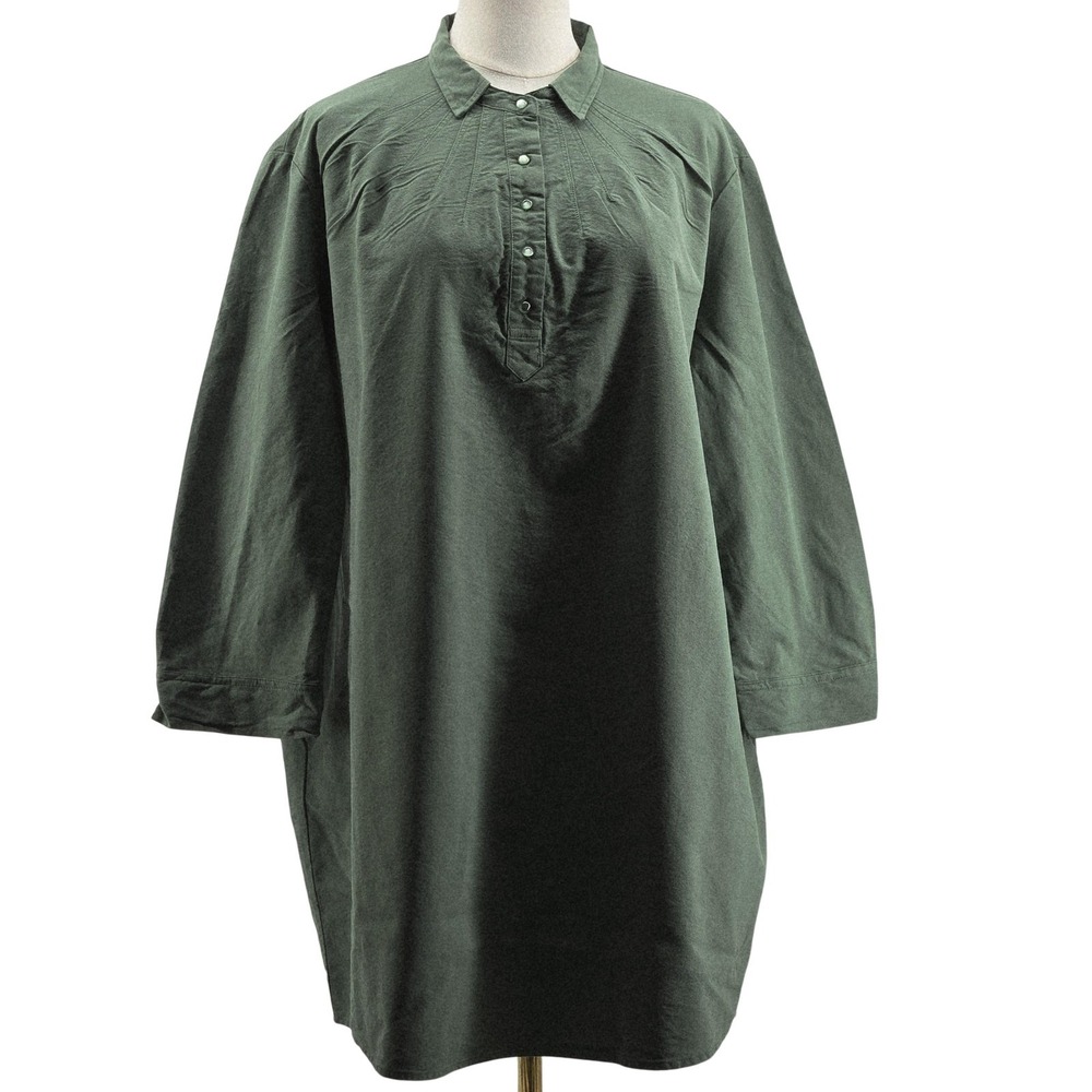 Pomander Place Button-Up Womens XL Green Tunic Collared 3/4 Sleeve‎ Cotton